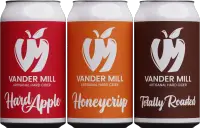 Three rendered Vander Mill cans (Hard Apple, Honeycrisp, and Totally Roasted) and their labels.