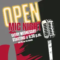 A poster advertising an open mic night featuring a microphone, digitally-drawn in a sketchy, comic book style.