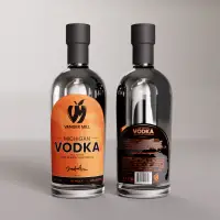 A rendered image of two Vander Mill vodka bottles, one showing the front label and one showing the back lable.