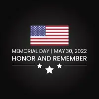 A square graphic for social media made to honor Memorial Day 2022 featuring an American flag, white stars, and text on a black background.